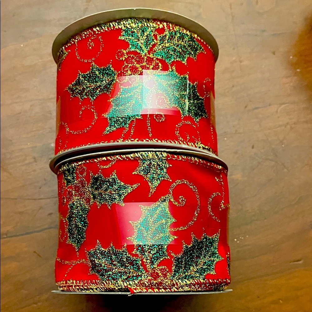Two rolls of Red and Green Holly Christmas Glitter Ribbon